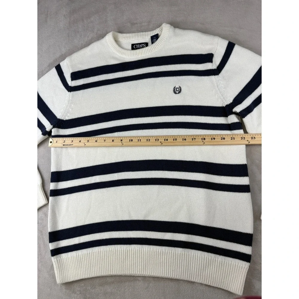 Chaps Mens Cotton Crewneck Sweater Large White Navy Blue Nautical Knit‎ Pullover